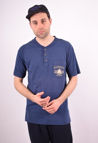 MENS VINTAGE T-SHIRT TOP LARGE NAVY BLUE 90S