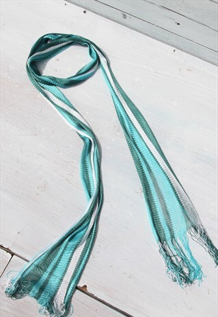 VINTAGE TEAL BLUE STRIPED CROCHET KNIT LONG NECK SCARF.
