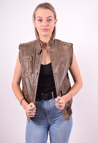 WOMENS VINTAGE LEATHER GILET LARGE BROWN 90'S
