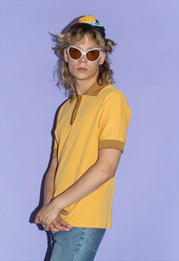 90's Vintage striped trim polo t-shirt in mustard yellow