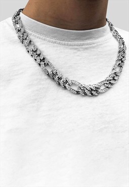 18" 10mm Figaro Diamond Iced Necklace Chain - Silver