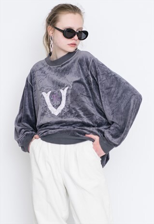 VINTAGE GREY VELVET PRINT RETRO JUMPER