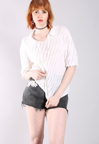 VINTAGE 70S WHITE CROCHET KNIT TIE NECK COLLARED KNIT TOP