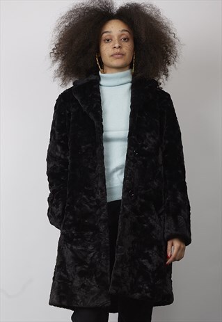 VINTAGE OVERSIZED 90'S BLACK TEXTURED FAUX FUR COAT