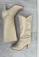 LIGHT CREAM LEATHER RUCHED 80S MID HEEL PULL ON BOOTS UK 3.5