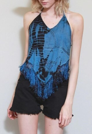 VINTAGE 1970'S BLUE TASSELED TIE UP TOP