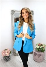 justyouroutfit Turquoise Ruched Sleeve Blazer 