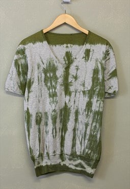 Vintage Y2K Tie Dye Top Khaki Short Sleeve V Neck 