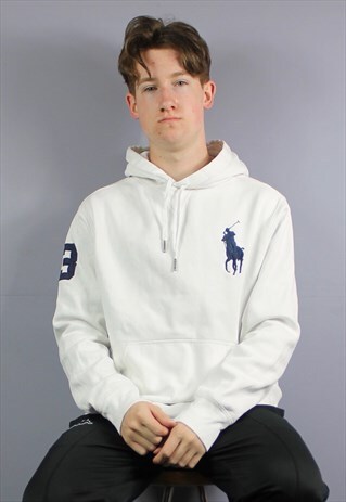 VINTAGE POLO RALPH LAUREN HOODIE IN WHITE WITH EMBROIDERED L