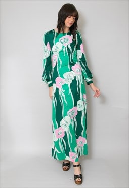 70's Vintage Ladies Long Bell Sleeve Retro Floral Maxi Dress