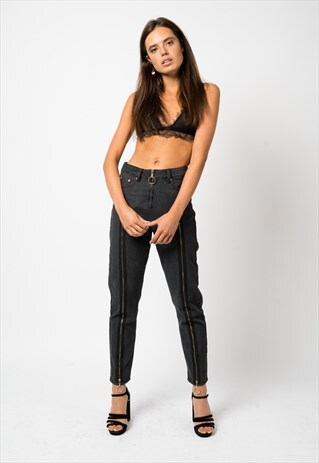 EXPOSED ZIP STRAIGHT LEG JEAN WITH GOLD HARDWARE