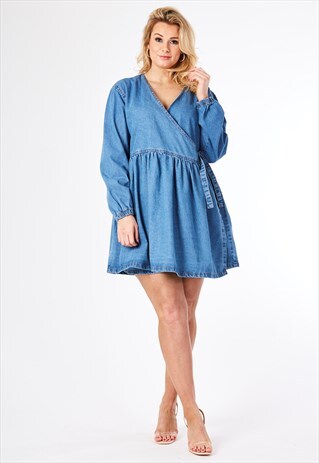 CURVE MID BLUE WASH WRAP TIE DENIM DRESS
