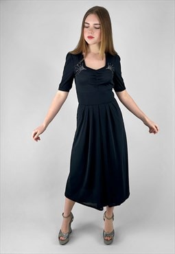 Vintage 70's Black Diamante Short Sleeve Midi Dress