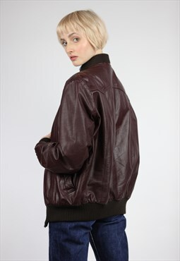 Vintage 80s Leather Bomber Jacket Ladies Medium Burgundy 