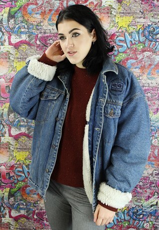 VINTAGE 80S MID BLUE SHERPA LINED DENIM JACKET. UNISEX.