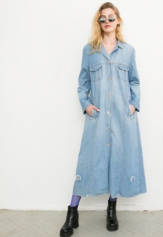 VINTAGE BLUE DENIM 90S MAXI A-LINE BUTTON UP DRESS