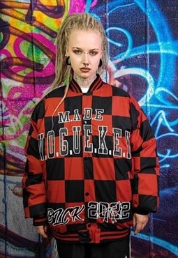 Vogue bomber jacket Chess puffer checkerboard coat in red