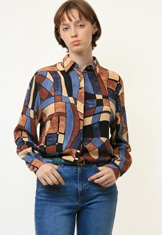 80S VISCOSE ABSTRACT PATTERN NATURAL LONG SLEEVE SHIRT 4227
