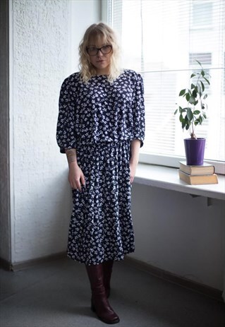 VINTAGE 80'S BLACK/NAVY FLOWER PATTERNED MIDI DRESS