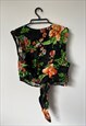 GREEN BLACK FLORAL CROPPED TIE WRAP BOHO GYPSY HOLIDAY TOP 