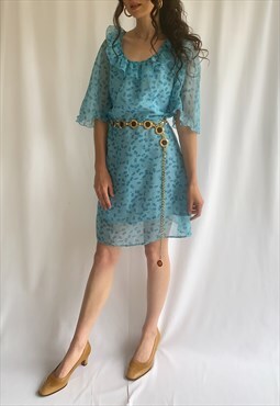 Vintage 70s blue ruffled neckline mini dress