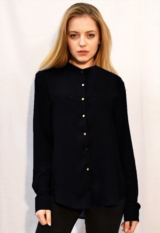 BASIC PLAIN COLOR CHIFFON SHIRT WITH GOLD BUTTONS IN BLACK 