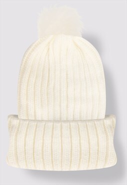 Wool Rib-Knit White Beanie With Pompom For Women