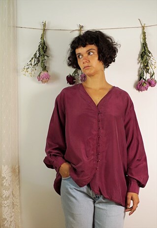 SILK BURGUNDY OVERSIZED BUTTONS WIDE SLEEVES TUNIC TOP SHIRT
