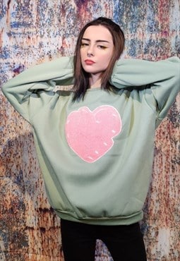 Fleece heart sweatshirt love print stitched top pastel green
