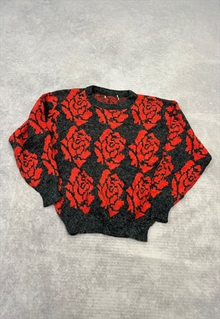 VINTAGE KNITTED JUMPER ABSTRACT ROSE PATTERNED KNIT SWEATER
