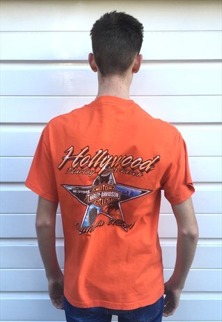 MENS VINTAGE ORANGE HOLLYWOOD HARLEY DAVIDSON BLACK TSHIRT
