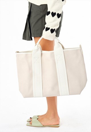 BEIGE TOP HANDLE OVERSIZED TOTE BAG