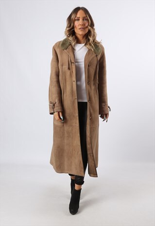 SHEEPSKIN SUEDE SHEARLING COAT JACKET LONG UK 14 (EHCQ)