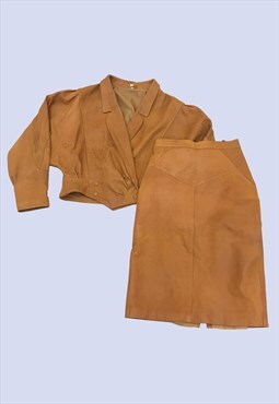 Vintage Brown Leather 2 Piece Jacket Skirt Suit Set 80s