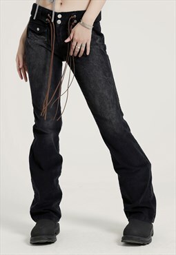 Flap with belt pocket jeans corduroy pants in black