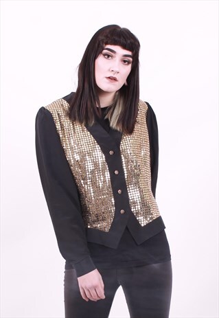 VINTAGE 80'S GOLD SEQUIN GLITZY DISCO BLOUSE SIZE MEDIUM