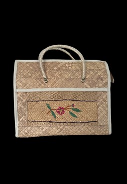 70's Ladies Straw Beige Box Embroidered Floral Hand Held Bag
