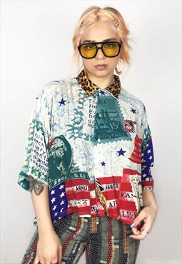Upcycled Shirt In Star Spangled Banner Pattern And Leopard
