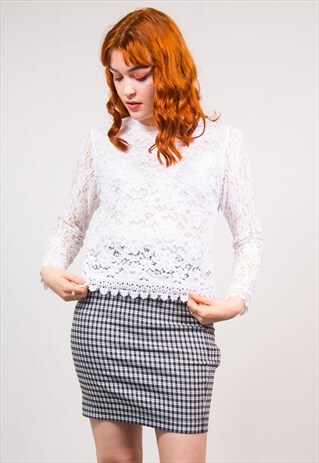 VINTAGE 90'S WHITE FLORAL LACE MESH LONG SLEEVE TOP