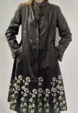 90's Vintage Heart Coat Black Floral Embroidered