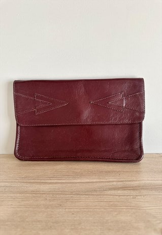 70'S VINTAGE BURGUNDY LEATHER CLUTCH LADIES BAG