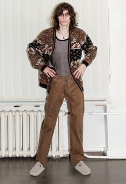 90's Vintage retro warm abstract print cardigan in brown
