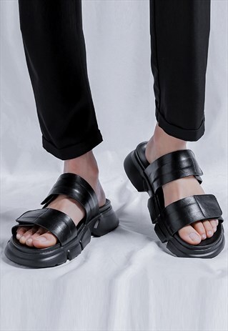 FAUX LEATHER SLIDERS EDGY HIGH FASHION CHUNKY SOLE SANDALS