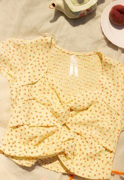 Yellow Twist Front Gingham Floral Top
