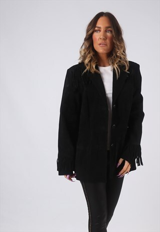 SUEDE LEATHER TASSEL FRINGE JACKET VINTAGE UK 14 (CW2E)