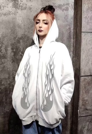 SILVER FLAME HOODIE PREMIUM METALLIC FIRE PULLOVER IN WHITE