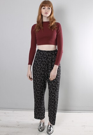 VINTAGE 90S BLACK FLORAL PATTERNED PYJAMA PANTS TROUSERS