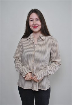 Minimalist beige blouse, striped pattern button up shirt
