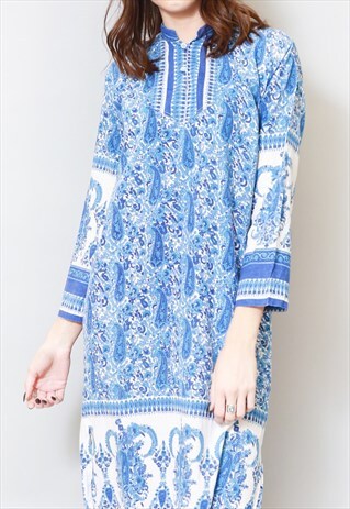 VINTAGE 1970'S BLUE & WHITE INDIAN COTTON MIDI DRESS
