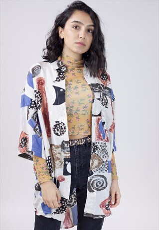 VINTAGE 90S ABSTRACT PATTERNED LIGHT SILK BLOUSE